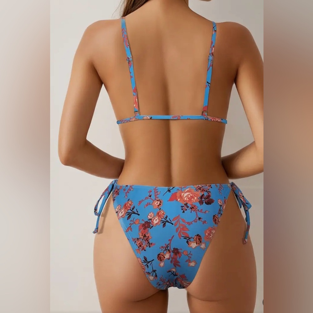 Blue Orange Floral Tie Front Bikini Set - Picture 4 of 8
